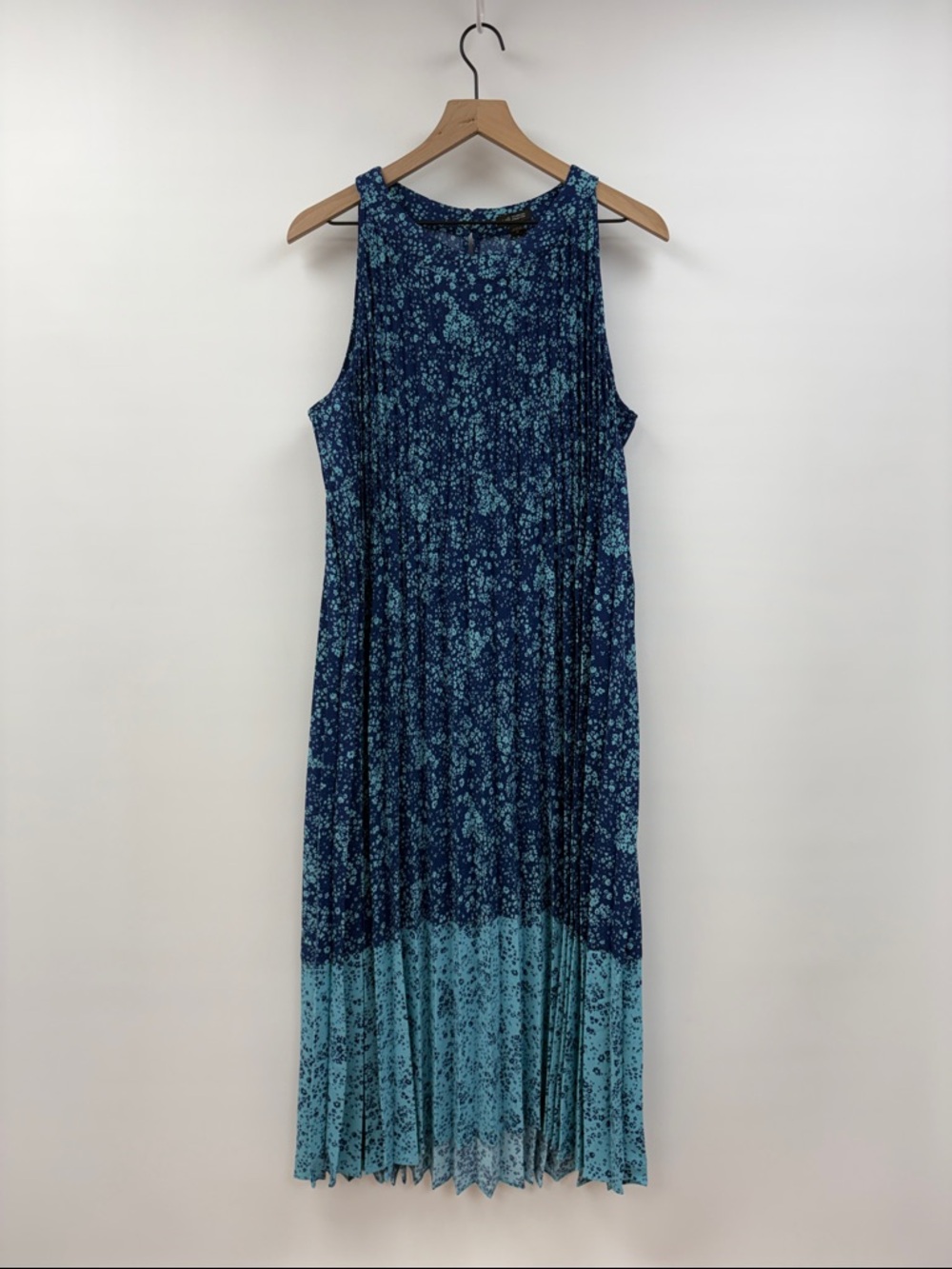 J. Jill Ditsy Floral Accordion Pleated Sleeveless A-Line Midi Dress Blue XL - Picture 2 of 8